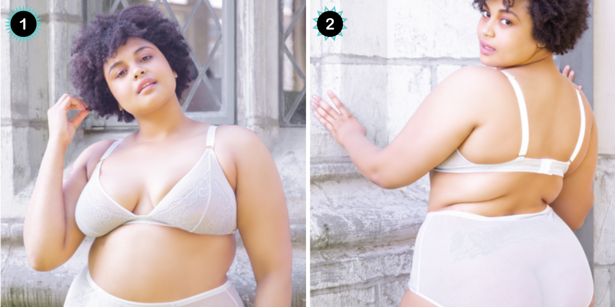 Two photos of the same model, a plus size light skin black woman in lingerie.  In the first photo she is facing the camera with her right hand in her afro, showing off a nude colored bra.  In the second photo she faces away from the camera, showing off the matching nude high waist panties. 