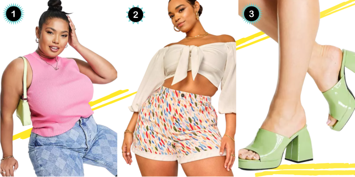 A collage in front of a diagonal double yellow stripe and a yellow double strip horizontal down below, a plus size woman in a pink tank top, an off shoulder cream crop top with colorful shorts, and a pair of bright green chunky slide-on sandals with heels.