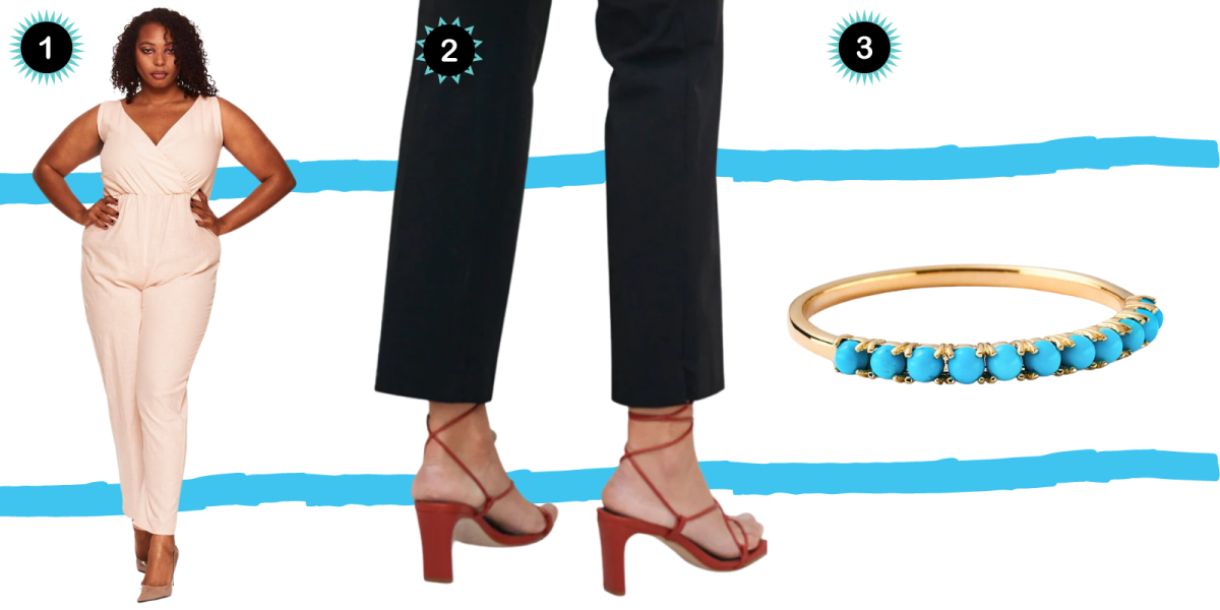 A collage of three images in front of two thick blue lines that have choppy edges: A black woman in a drapey beige body con dress, a close ups of brown scrappy heels and black pants, and a close up of a gold bracelet with turquoise beaded bracelet