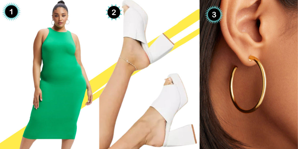 A collage in front of a diagonal yellow stripe with that breaks into a double line:  A plus size woman in a green body con dress, a close up of white chunky heels, and a close up of gold hoop earrings