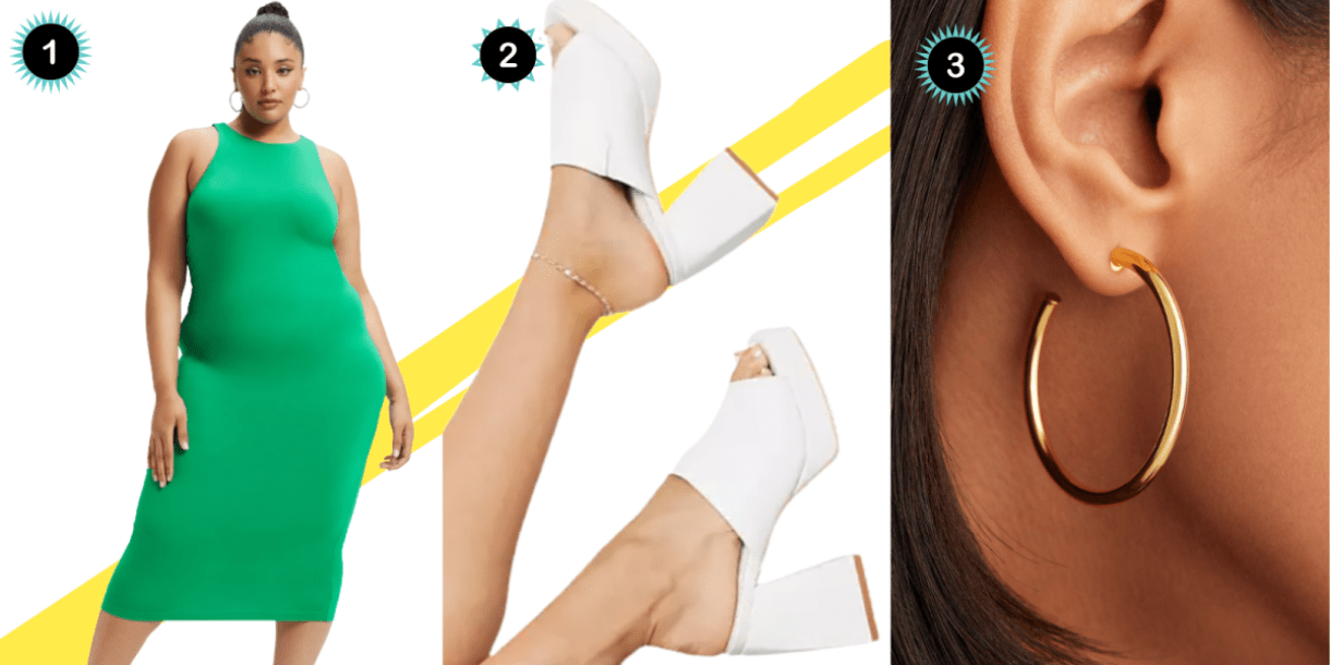 A collage in front of a diagonal yellow stripe with that breaks into a double line: A plus size woman in a green body con dress, a close up of white chunky heels, and a close up of gold hoop earrings