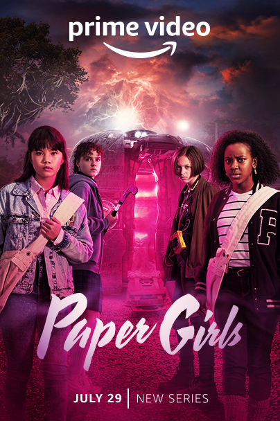 4 teen girls stare at the camera with a pink hued spaceship of sorts behind them in the poster for season one of Paper Girls