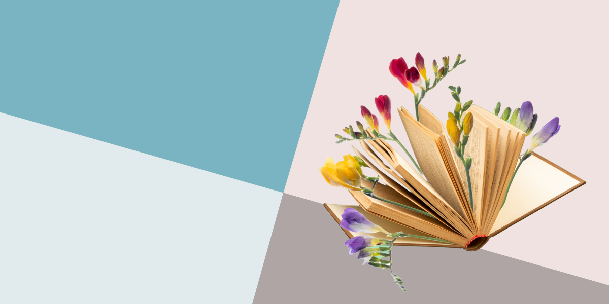 A collage of an open book and flowers against a blue, gray, and teal background.