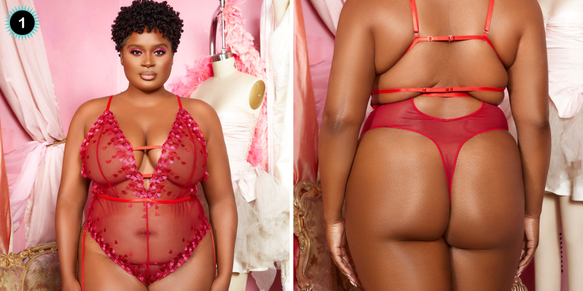Two images of a plus size Black woman with a short black afro.  She is wearing a mesh red teddy with a thong back and pink lace on the edges, the second image is the same woman but from the back — showing that the teddy is connected by red straps and a red mesh thong.