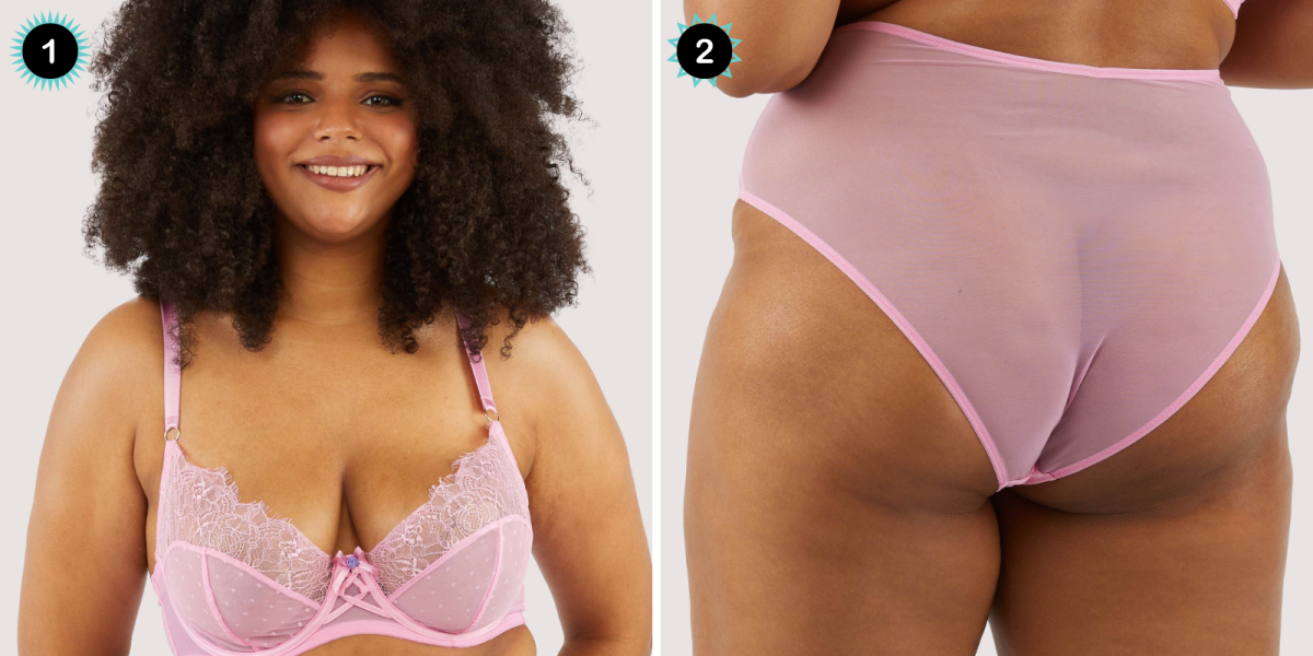 Two photos of the same model, a black woman with a large afro, roughly a size 12-14. In the first image she is wearing a pink mesh underwire bra, in the second she is photographed from the back, displaying her pink mesh underwear.