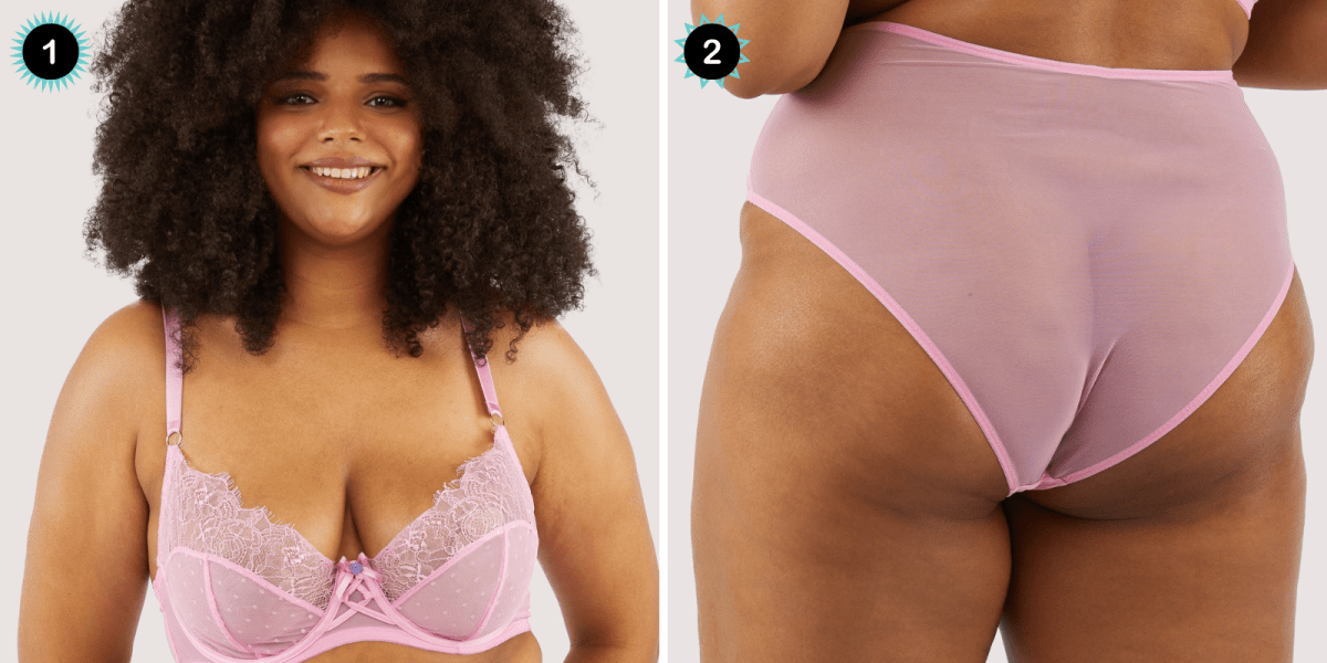 Two photos of the same model, a black woman with a large afro, roughly a size 12-14.  In the first image she is wearing a pink mesh underwire bra, in the second she is photographed from the back, displaying her pink mesh underwear.