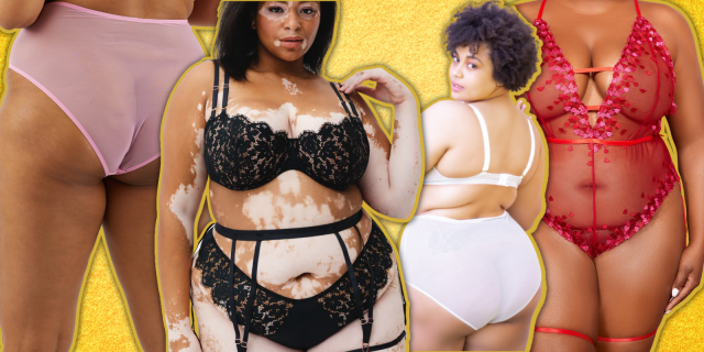 A variety of Black plus size models in lingerie, left to right: A pair of legs in pink mesh underwear, a woman with vitiligo in a black matching set with a garter around the waist, a woman from behind with an afro and light pink panties, and a close up of black women in a red teddy