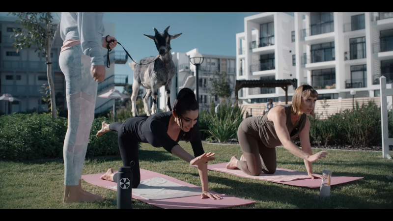 Evelyn and her wife doing goat yoga
