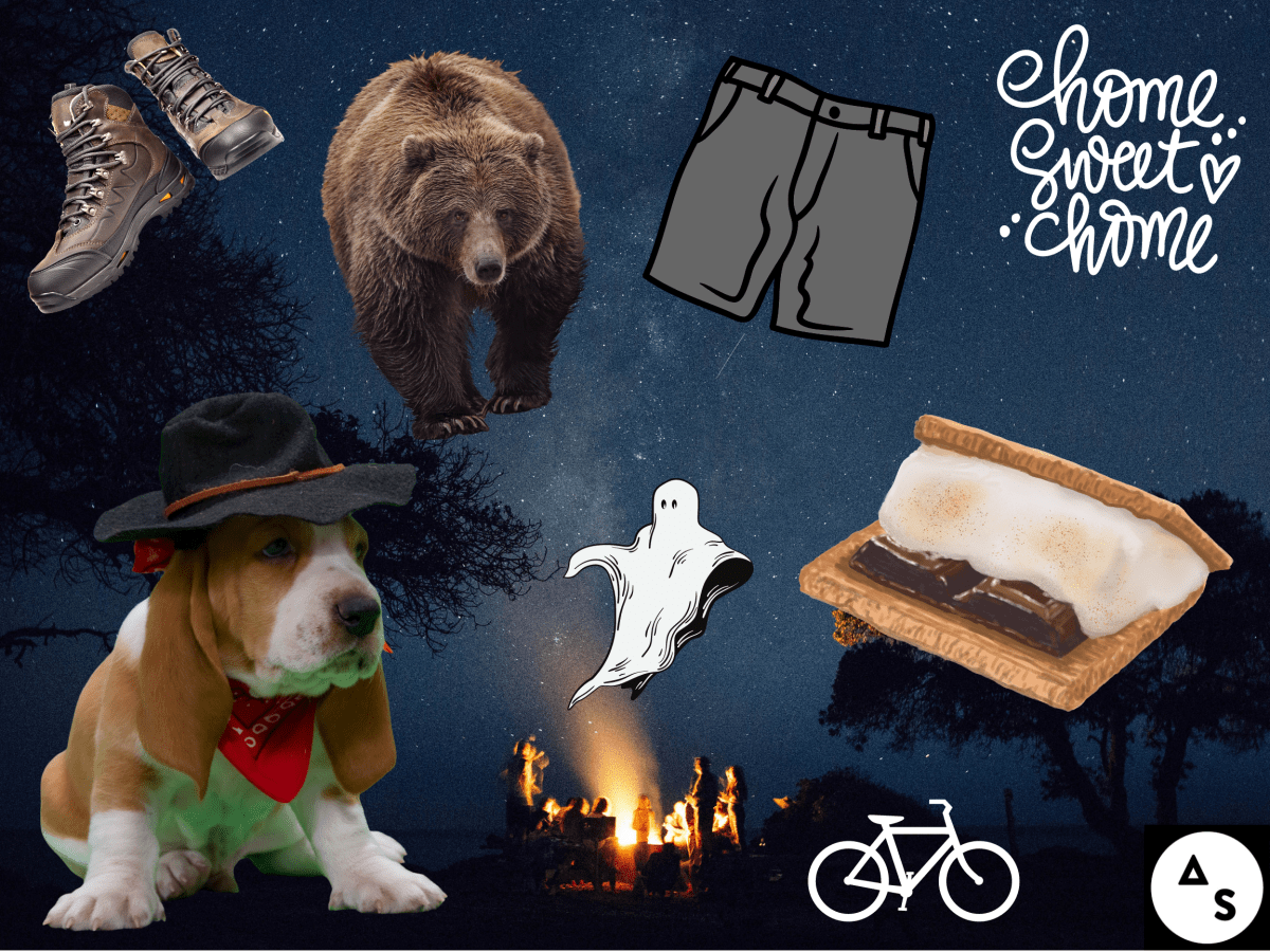 A collage featuring a bear, hiking boots, cargo shorts, smores, a ghost, a beagle in a hat, a bike, a group of people around a campfire, and the words Home Sweet Home