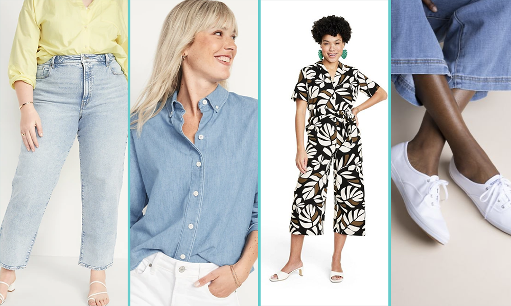 A collage left to right: plus size light blue jeans that cropped at the angle, a denim button down shirt on a white woman with blonde hair and bangs, a black woman in an afro in a black and white leaf printed jumpsuit, and a close up of dark brown legs in white canvas sneakers