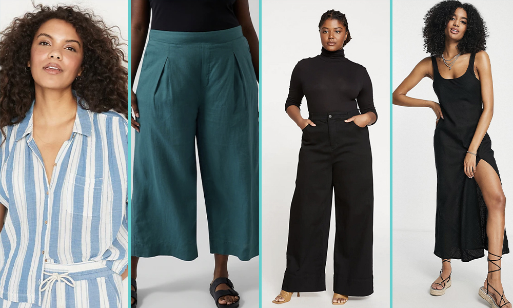 A collage, left to right: A light skin black woman with wavy black hair and a blue and white stripped button down top, a pair of turquoise cut-off wide legged cloth pants with a wide strap waist, a black woman in a black turtleneck and wide leg black pants, a black woman in a black tank dress with a large slit up the right leg 
