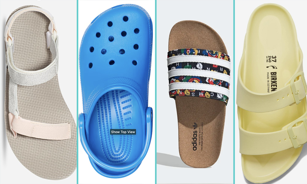 A collage from left to right of sandals: a pink and white sandal with a white ankle strap and pink strap across the toes, bright blue crocs, Addidas slides with a paisley pattern between the white stripes, and yellow Birkenstock slides