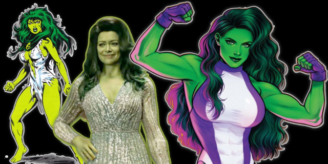 Against a black background, three different She-Hulks (two from the comics, one from the upcoming tv show), all outlined in white.