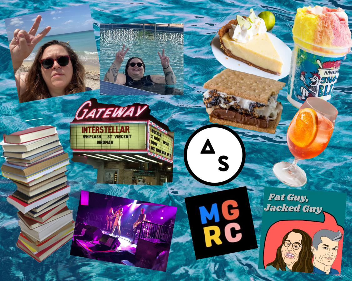 A collage featuring a photo of Stef on the beach, a photo of Stef in a pool, a smore, a slice of key lime pie, ice cream, an aperol sprtiz, the AS logo, the logo for the podcast Fat Guy Jacked Guy, a movie theater, the band Bikini Kill, and a stack of books