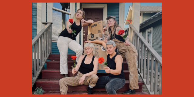 four butch queers — the rent-a-butch team — gather on a front porch to offer up red roses while posing with some tools and supplies. they all look very handsome.