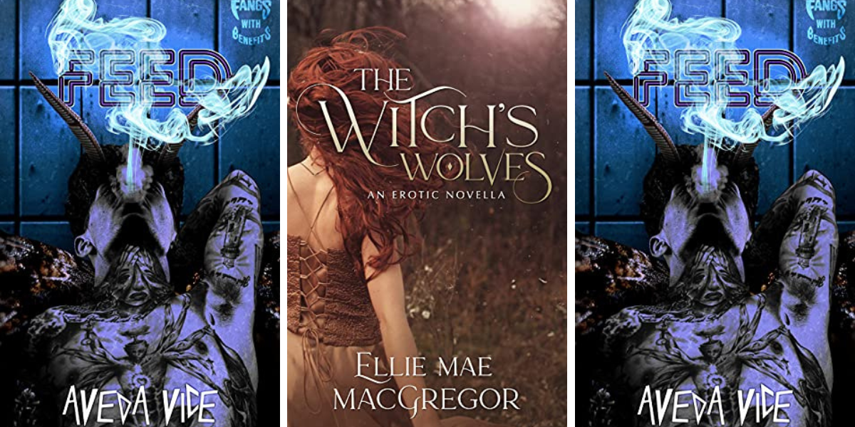 Feed by Aveda Vice features a monster blowing smoke up in the air. The Witch's Wolves by Ellie Mae MacGregor features a red haired witch facing away toward the woods.