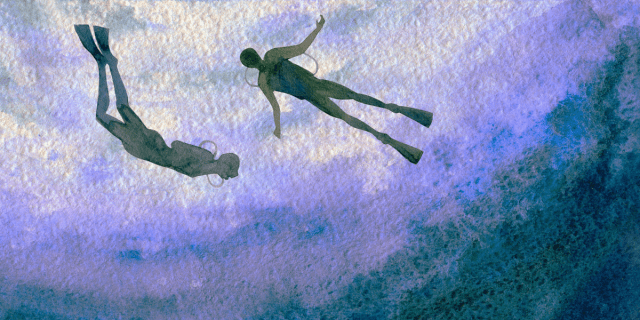 A water coloring of two divers under the water