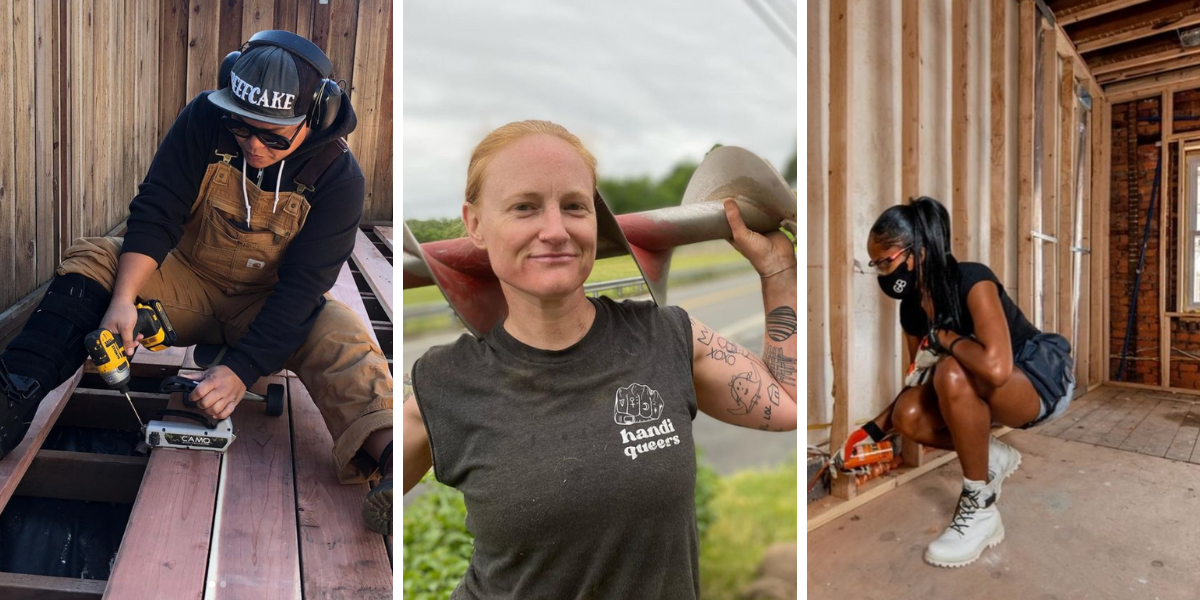 Photo 1: A person wears brown coveralls and a hat that says Beefcake while holding a drill. Photo 2: A person wearing a tank that says "handiqueers" on it holds a large tool. Photo 3: A person crouches in white lace up boots and a mask, spraying something at a construction site.