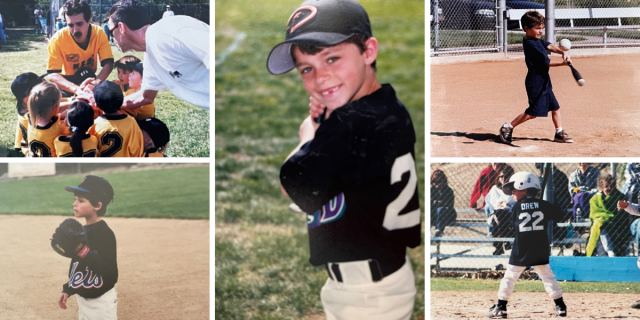Photo 1: A group of kids on a little league baseball team gather around their coaches. Photo 2: The writer, Drew, as a young child stands on a baseball field wearing a Mets uniform, a baseball hat, and a baseball glove. Photo 3: Drew holds a bat and wears a 2 jersey and baseball hat while smiling at the camera. Photo 4: Drew swings at a baseball (and is clearly going to miss). Photo 5: Drew wears a 22 jersey and baseball hat and is standing over the plate with a bat, ready to swing.