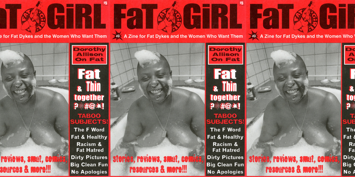cover of FaT GiRL zine features a Black fat dyke smiling happily in a bubblebath, with headlines for the content in the zine surrounding them