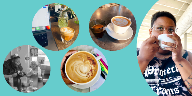 five circles including five different coffee beverages in each one, on a teal background