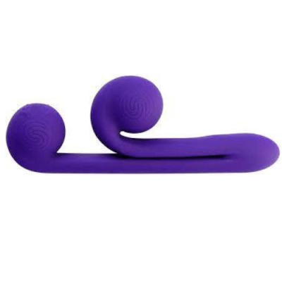 A purple, dual-stimulation sex toy is on its side. It has one long step with a sphere on top and a short, curved stem with a sphere on top.