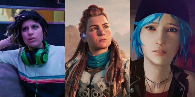 Three characters played by Ashly Burch: Rachel from Mythic Quest, Aloy from Horizon, and Chloe from Life Is Strange