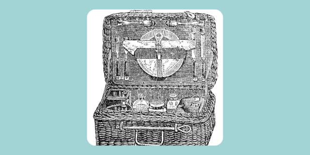 A black and white illustration of a retro picnic basket against a teal background