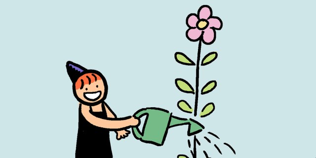 A drawing of Yao (an Asian person with red hair and a pointy black hat) using a green watering can to water a large lower with pink petals against a blue sky.
