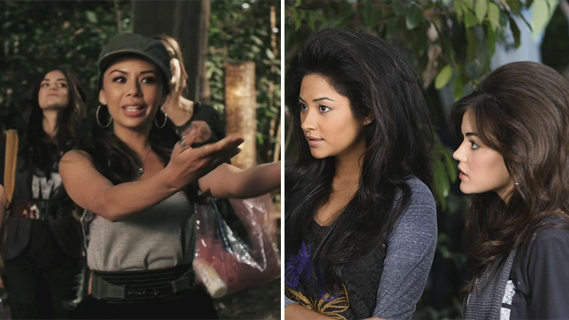 Mona showing the Liars around her glamping party / Emily and Aria with BIG glamping hair