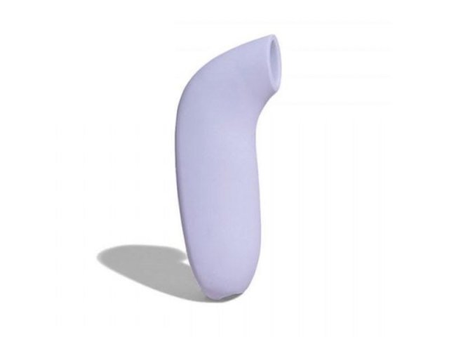 The Aer — a periwinkle sex toy with a long handle, a curved end and a small, oval-shaped opening, is against a white background.