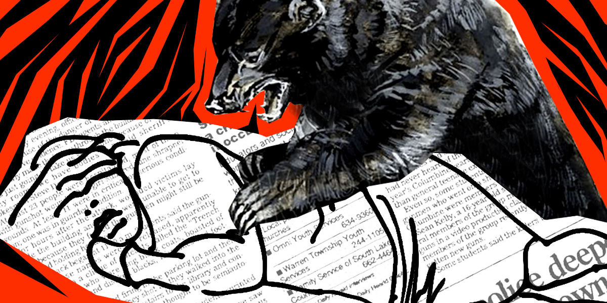 a painted bear touches a cowering, or sleeping, line drawing of a woman lying on her side. The background is blood red streaked with black. Underneath the woman run reports of mass shootings and deaths, in text that is collaged and barely visible. The entire effect is extremely ominous.