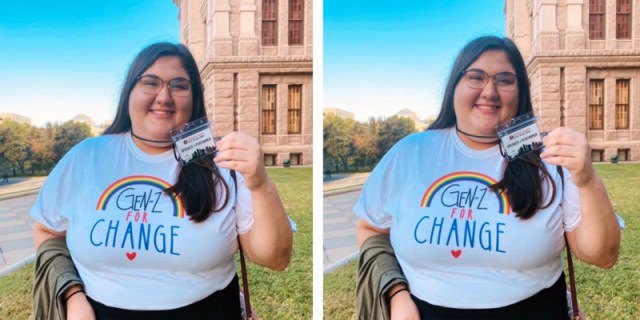 A photo of Olivia Julianna, repeated one after another. Olivia Julianna is a plus sized Chicana teen with long hair and glasses. She's smiling outside in front of a building, in a shirt that says "Gen Z for Change" in front of a rainbow while holding up an id badge on a lanyard.