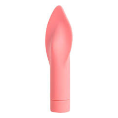 A light pink vibrator with a cylindrical handle and a pointed, tongue-shaped vibrating end is against a white background.