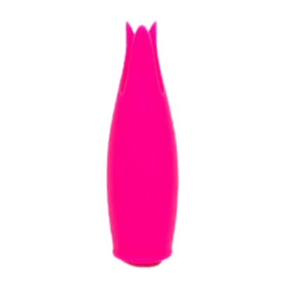 A bright pink, bowling pin-shaped sex toy is against a white background. It had three points at the top.