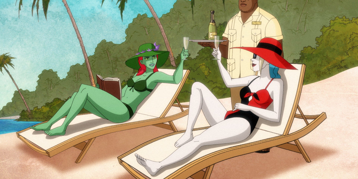 Harley Quinn season 3: Harley and Ivy clink beers while lying on the beach