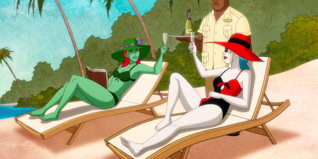 Harley Quinn season 3: Harley and Ivy clink beers while lying on the beach
