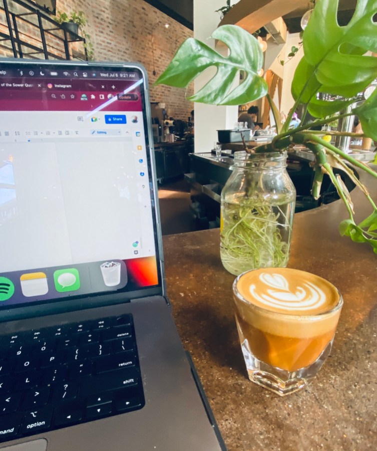 a cortado next to a laptop and a plant at a coffeeshop