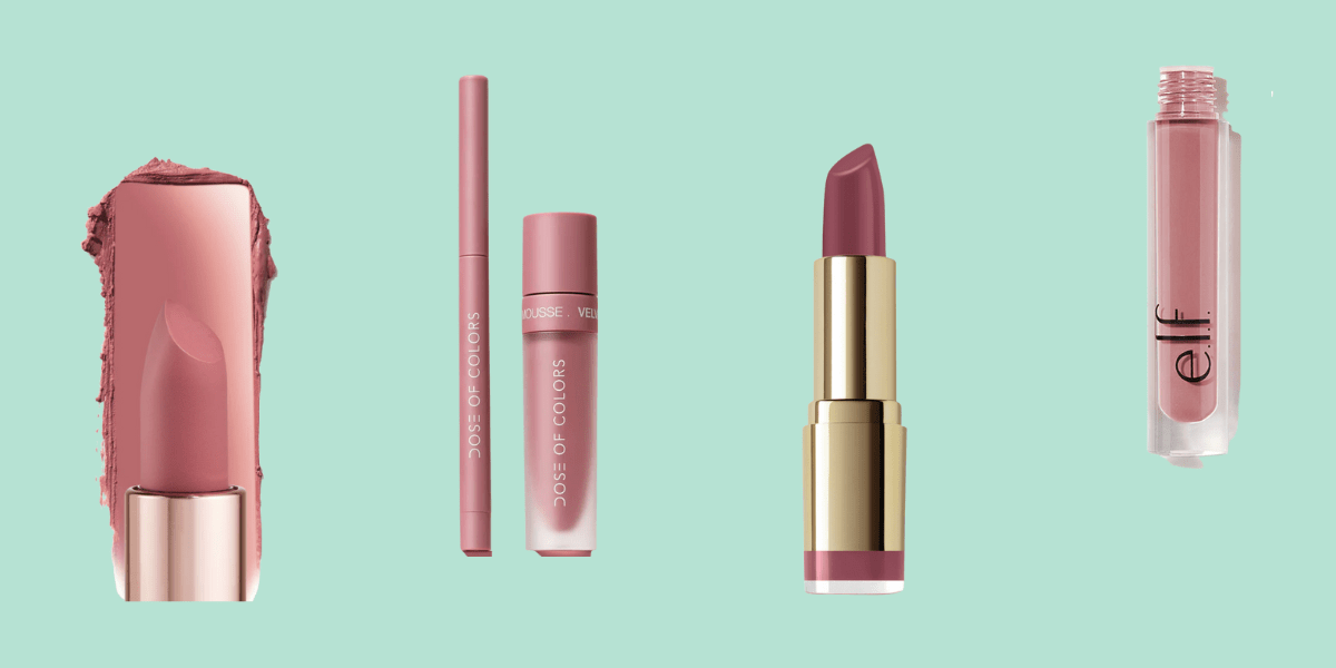 Four lipsticks in rose shades against a mint background