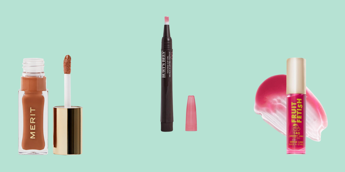 A lip oil in a caramel shade, a lip oil in a mauve shade, and a lip oil in a bright pink shade