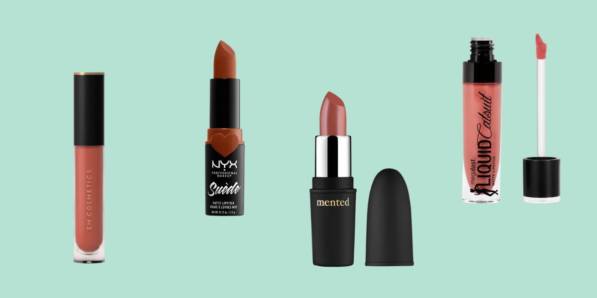 Four lipsticks in peach shades against a mint background