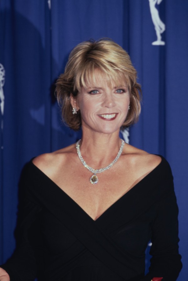 American actress Meredith Baxter, wearing a black outfit with a portrait neckline, with a diamond necklace, attends the 46th Annual Primetime Emmy Awards, held at the Pasadena Civic Auditorium in Pasadena, California, 11th September 1994. (Photo by Vinnie Zuffante/Michael Ochs Archives/Getty Images)