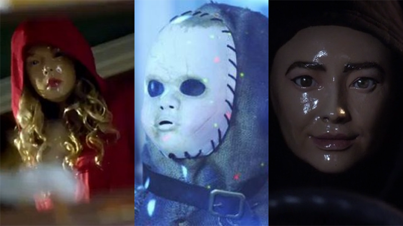 Three PLL mask examples: Alison (Red Coat), baby face zombie, and Emily Fields