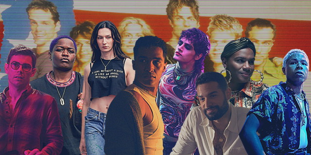 Cast of the new Queer as Folk in a graphic atop a fuzzy image of the original cast