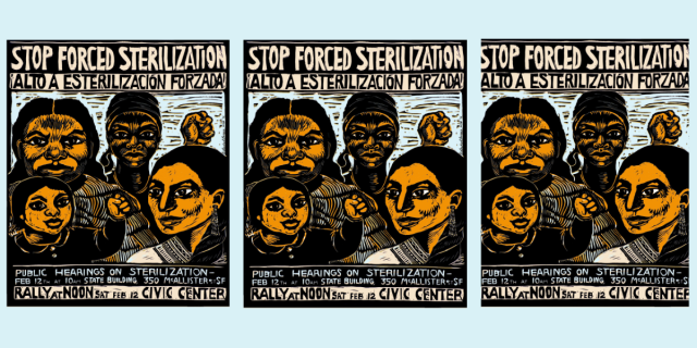Three identical posters in stamped style from the 1970s says "Stopped Forced Sterilization" in both English and in Spanish, above images of women of different ages and sizes.