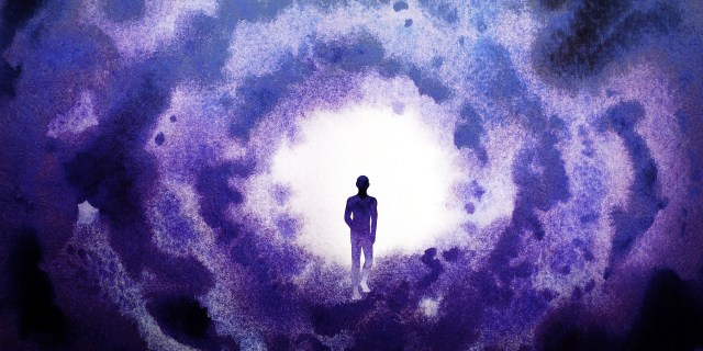a watercoloring in purple hues of a figure at the end of a tunnel of light