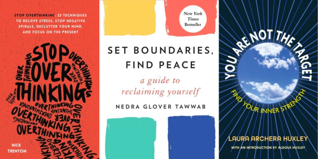 Three self-help book covers: How to Stop Overthinking, Set Boundaries, Find Peace, and You Are Not the Target