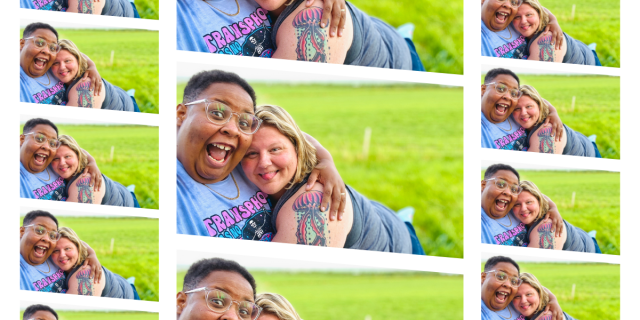 a collage of the same photo of shea and their wife Jane holding each other and smiling hugely on a field of bright green grass. shea is a Black nonbinary human with short hair and glasses. Jane is a white woman with a jellyfish tattoo on her arm and blonde shoulder length hair.