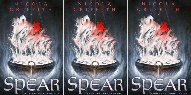 The cover of Spear shows a cauldron with white steam rising out of it and a red knight on a red horse.
