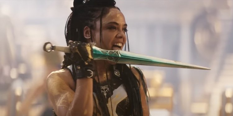 Valkyrie licks a green dagger in Thor: Love and Thunder